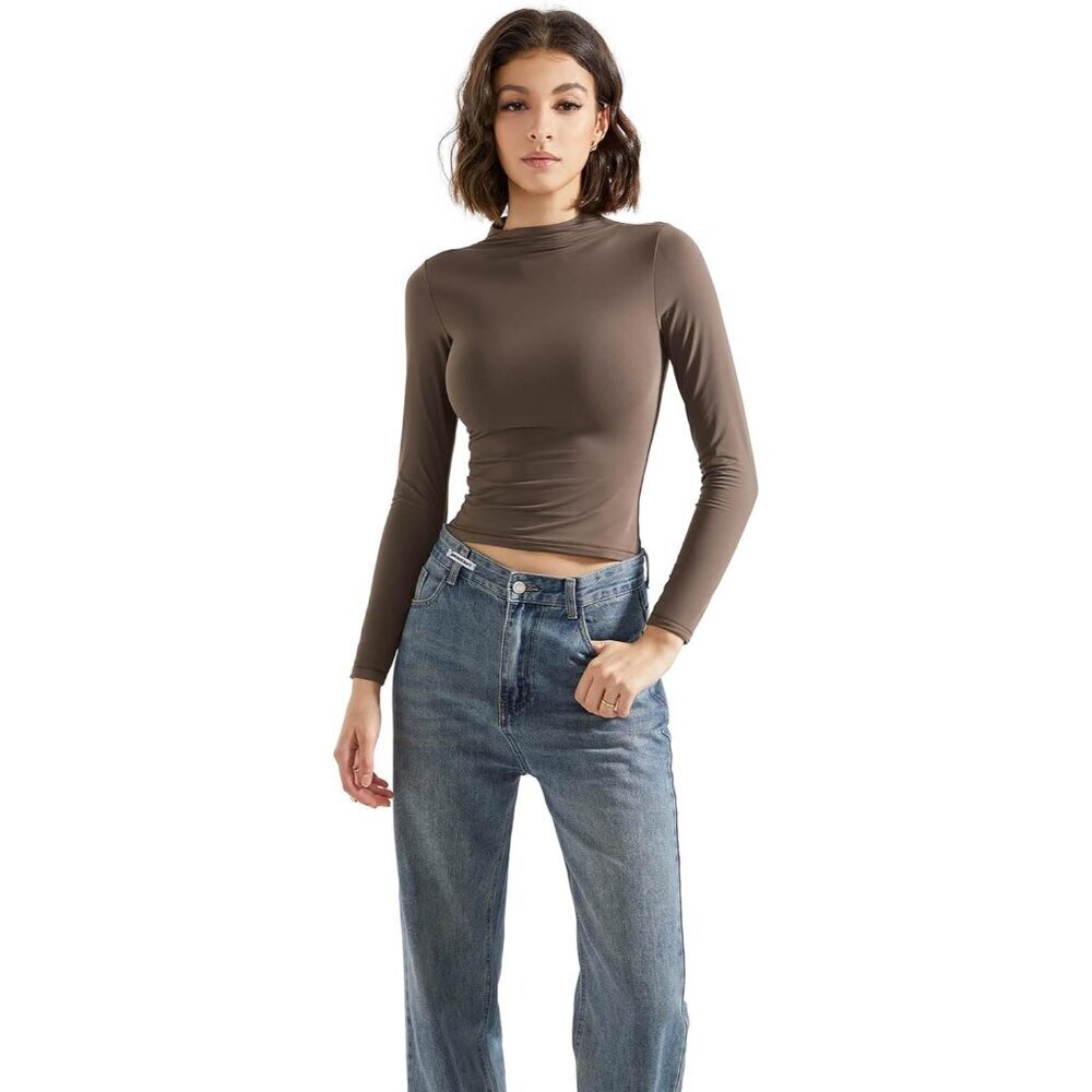 Women Double Lined Mock Turtle Neck Long Sleeve Fitted Y2K Crop Top - Picture 2 of 7
